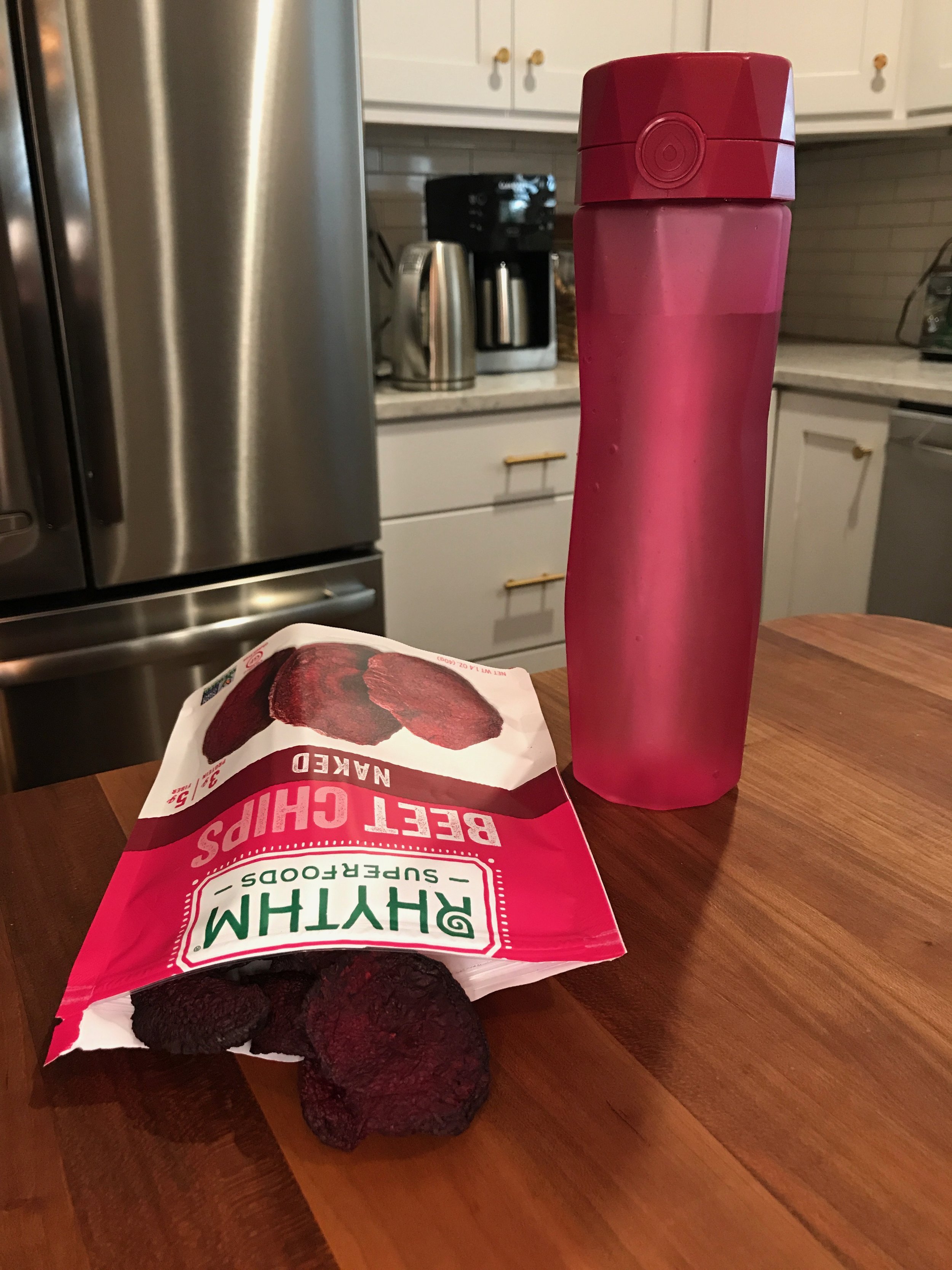 hidrate spark water bottle and rhythm beet chips