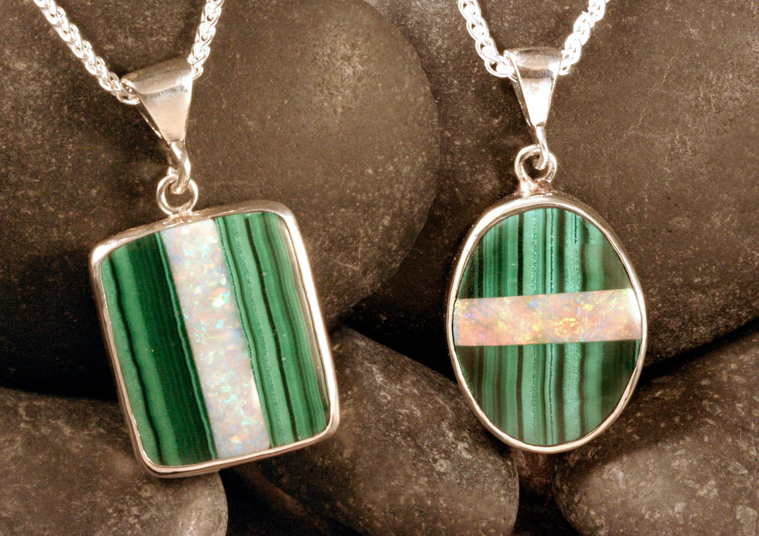 Sterling Silver Opal Malachite Intarsia Doublet Pendant, Oval or Rectangle  — Designs By S&R