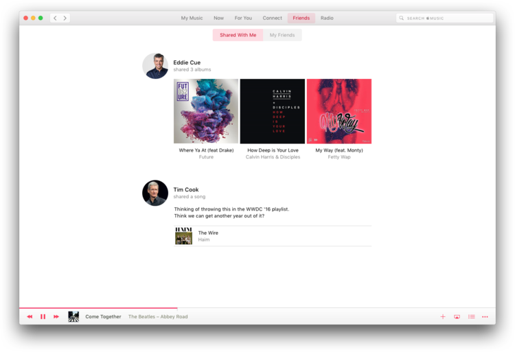 I've been wondering why sharing isn't part of Apple Music. In this concept, my friends can share with me, and I can also check out my friends' public playlists. As Nilay Patel commented on a Verge livestream, "I'm not sure anyone has the emotional tools to navigate an Apple keynote that doesn't involve "The Wire" by Haim, actually."