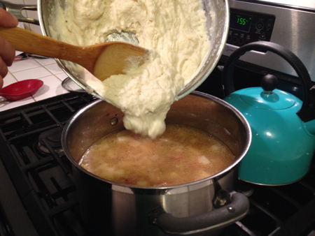 Potato soup sauce into pot