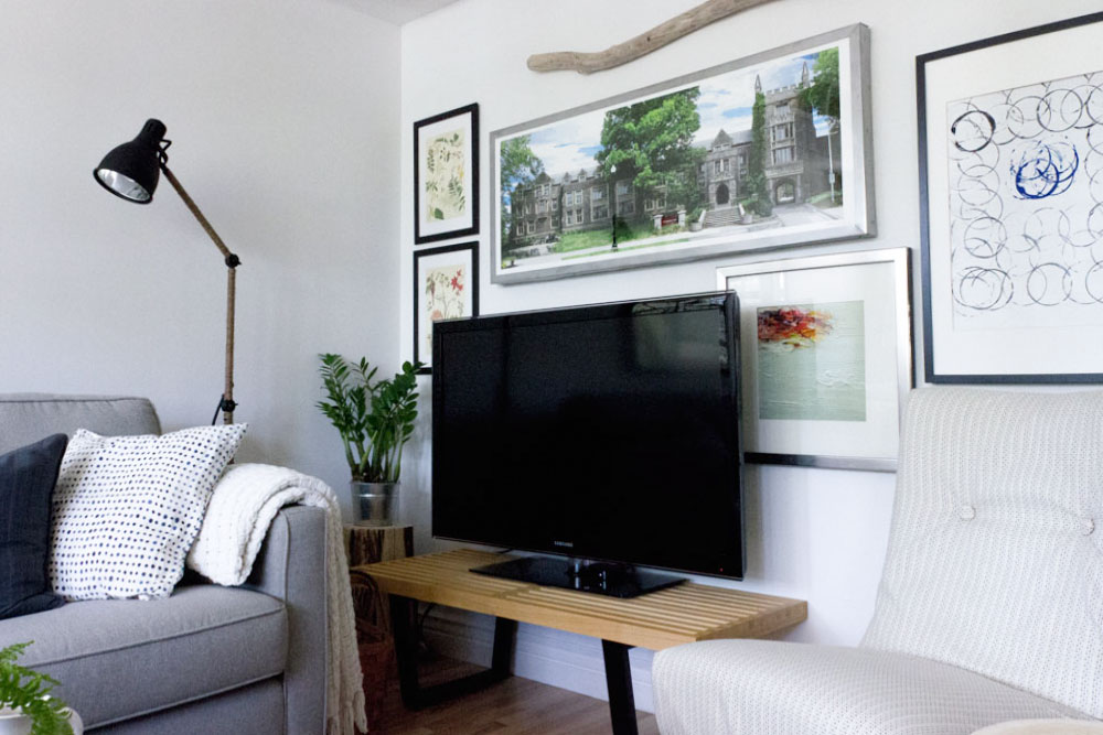 natural elements and artwork TV gallery wall