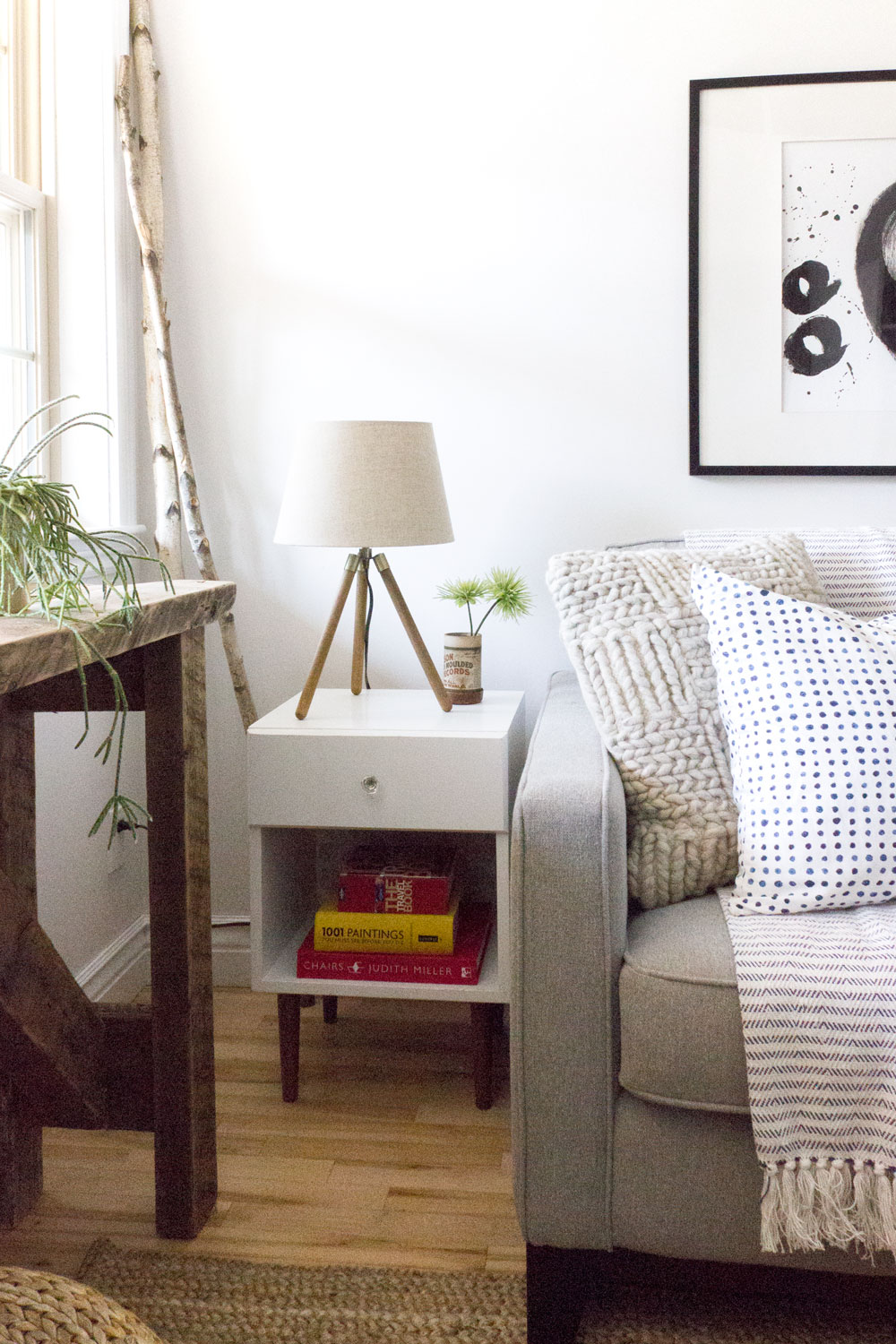DIY thrift store mid-century end table in modern rustic living room