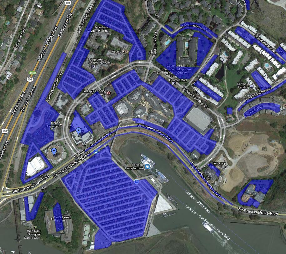 All the parking lots in Larkspur Landing. Image from Google Maps.