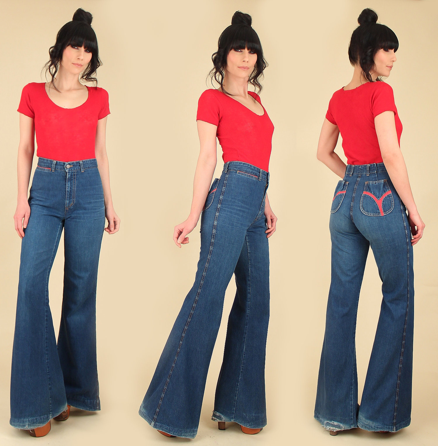 70s Chemin De Fer denim bell bottoms jeans 27, vintage 1970s high rise bells,  70s stitched flares pants sz M 6