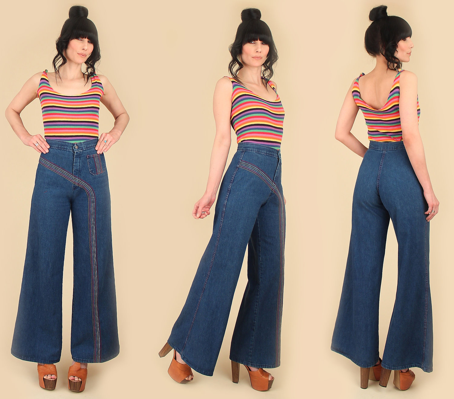 Vintage 70s High Waisted // RAINBOW // Bell Bottoms Jeans — Hellhound  Vintage