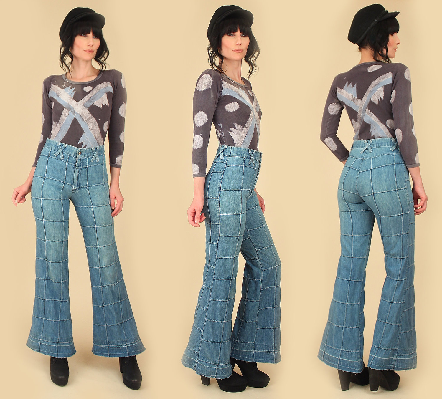 Vintage 60s 70s Patchwork Bell Bottoms // High Waisted // Windowpane Jeans  — Hellhound Vintage