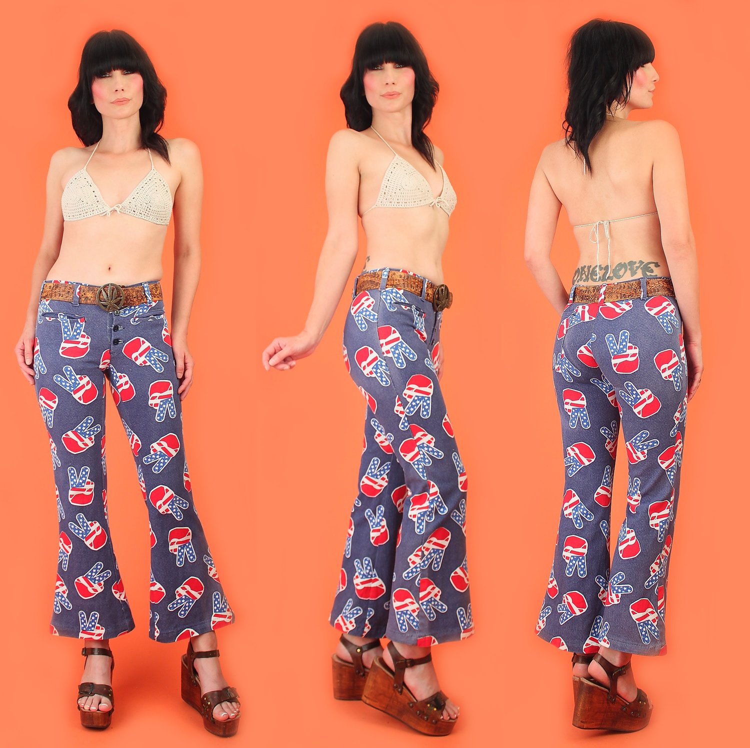 70s Rust Hip Hugger Bell Bottom Jeans, Rooster Patch on Back – The