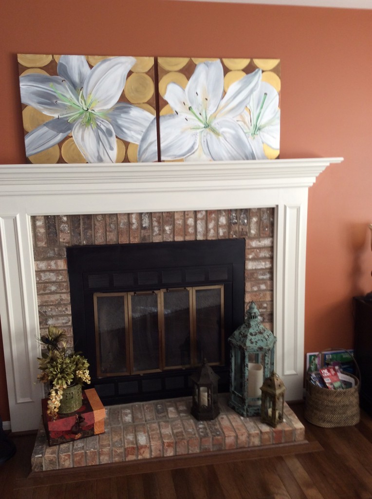 White Lily Painting in Client's Home over Fireplace Closeup