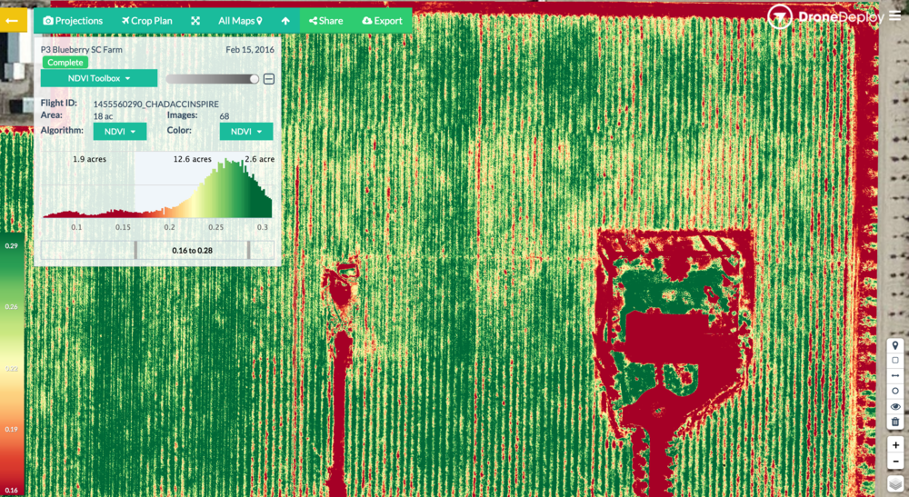 This is screen shot from Feb 2016 in central California, flown with Flying Ag's Phantom 3 Pro Kit.  The data from DroneDeploy has lots great information for the grower. 
