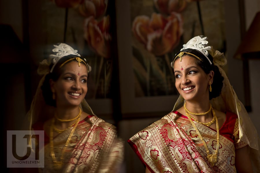 portrait of bride in traditional Hindu dress and headpiece