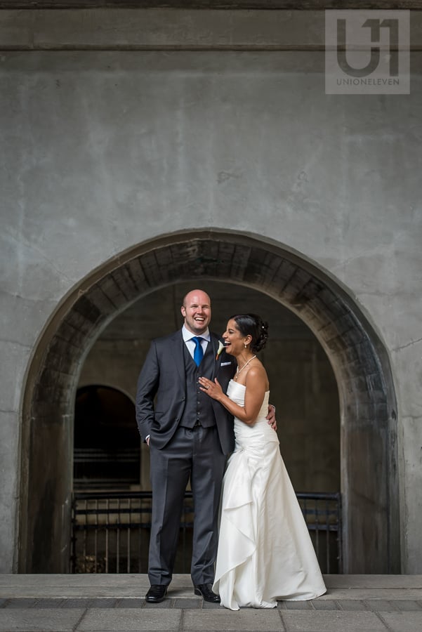 portrait of bride and groom at the locks in downtown Ottawa