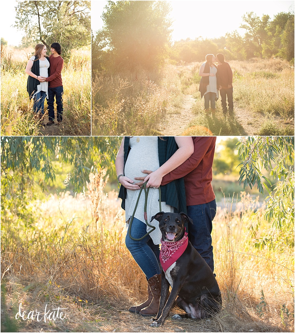 Outdoor maternity pictures in Fort Collins with dog and fall colors