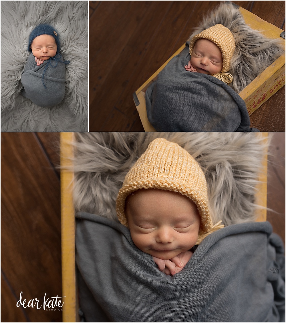 windsor newborn photographer in vintage coke box with yellow accents