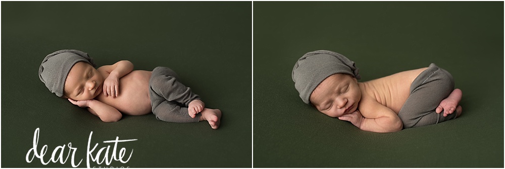 newborn baby boy on olive green with vintage style sleep cap