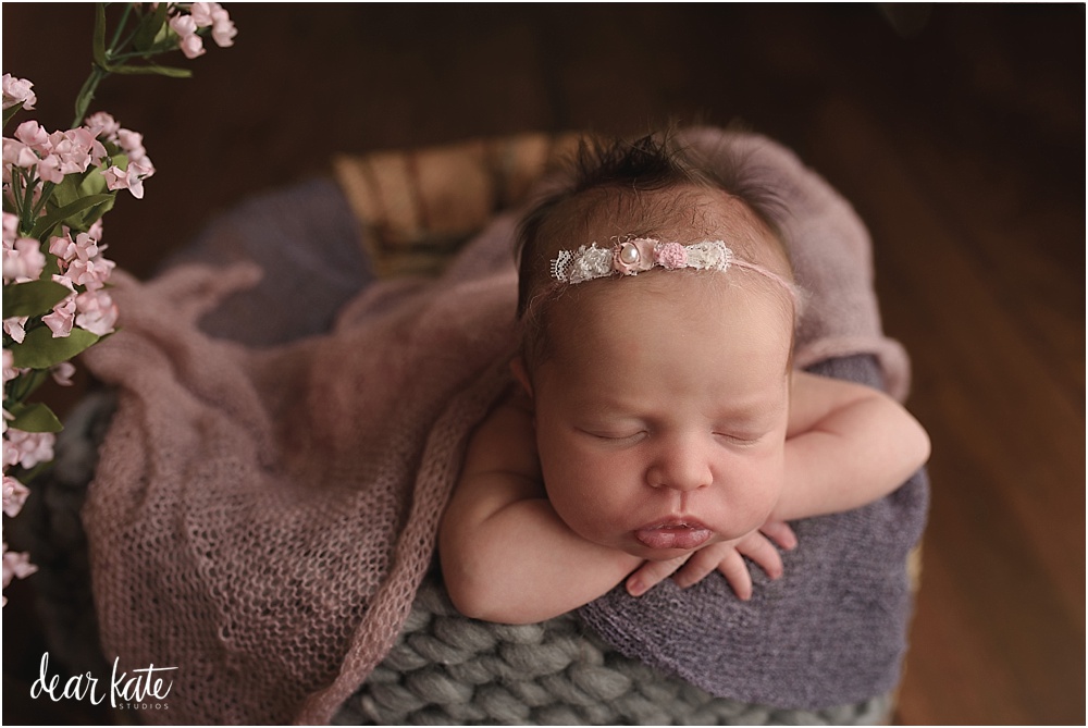 flowers with newborn baby girl in a bucket pink and gray northern colorado