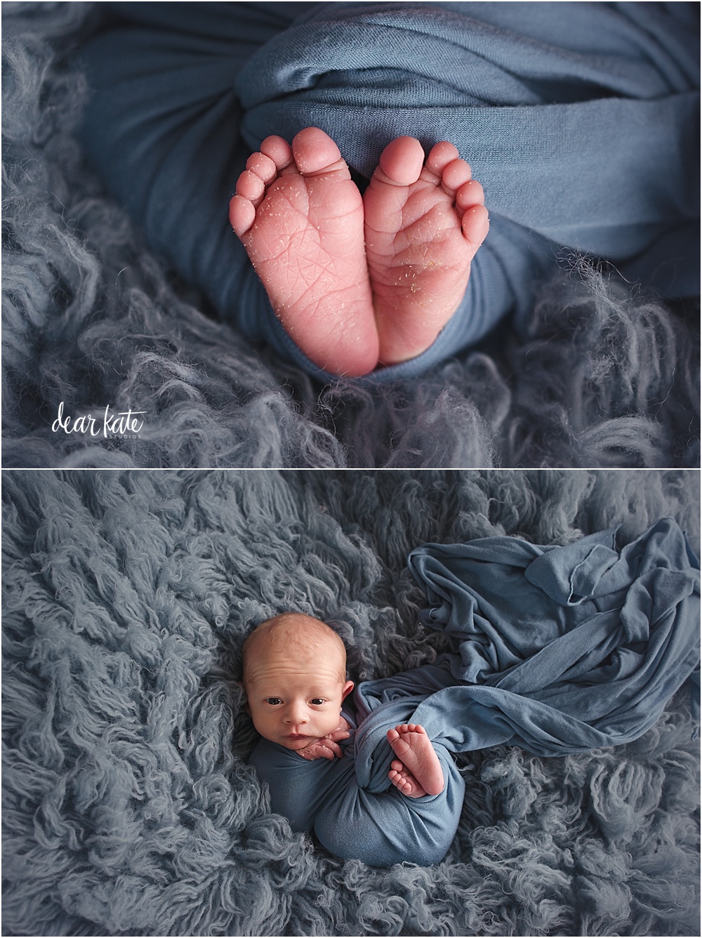baby boy on blue fur detail macro shot of baby's feet.