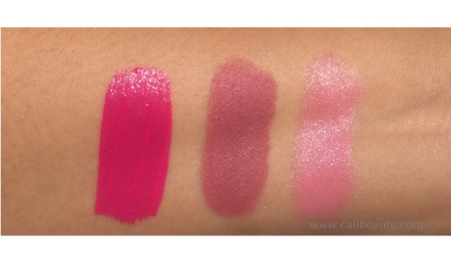 L-R: Artist Acrylip in Electric Fuschia, Lip Blush in Exalted Rosewood, Artist Lip Balm in Flushed Cherry