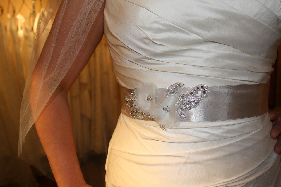 Love Veils wedding dress sash at Little White Dress in Denver