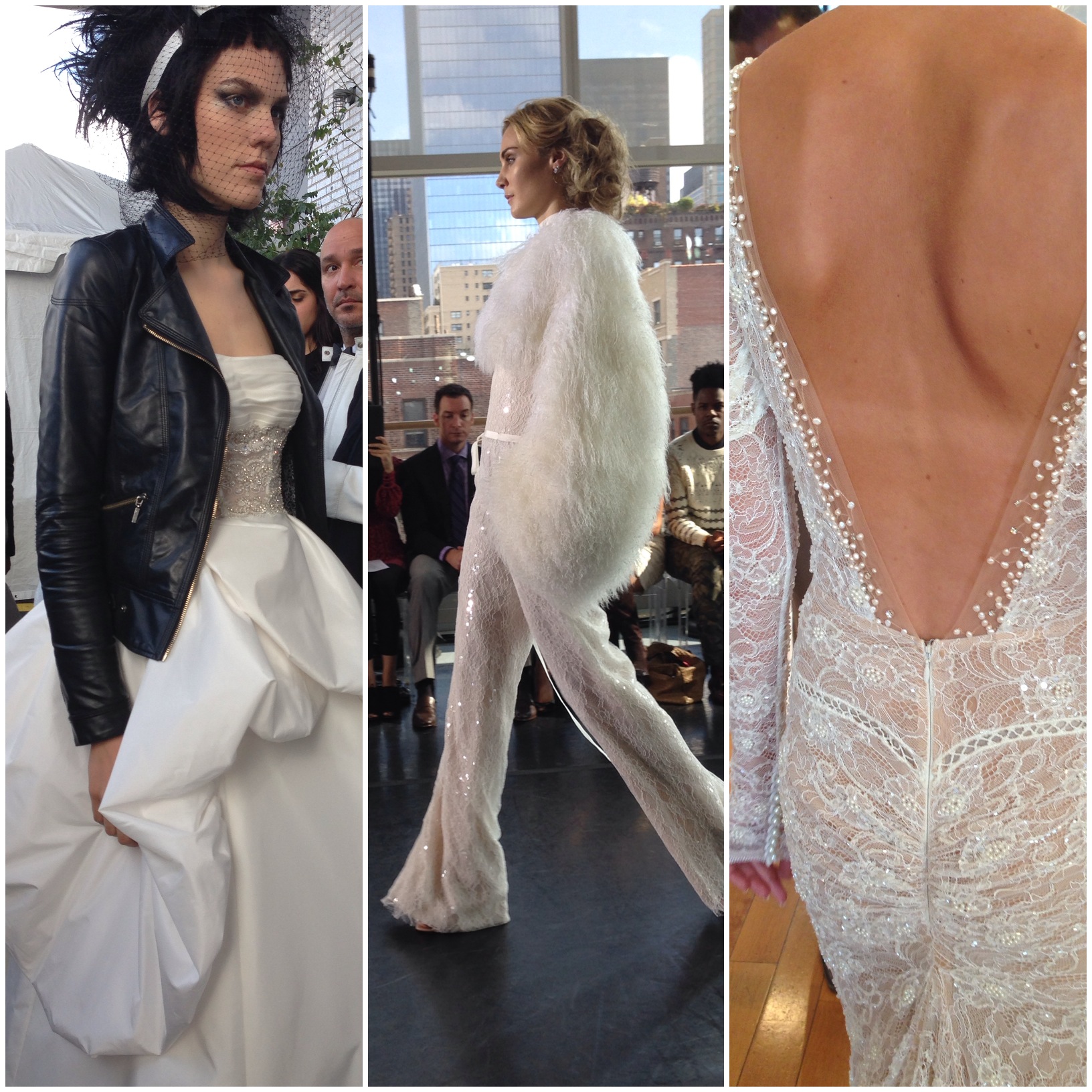 Which of the trends we saw today is your favorite? 1) Punk rock brides, 2) Feathers and Sequins (in a pantsuit that we actually loved!), 3) The low-low-LOW back. 