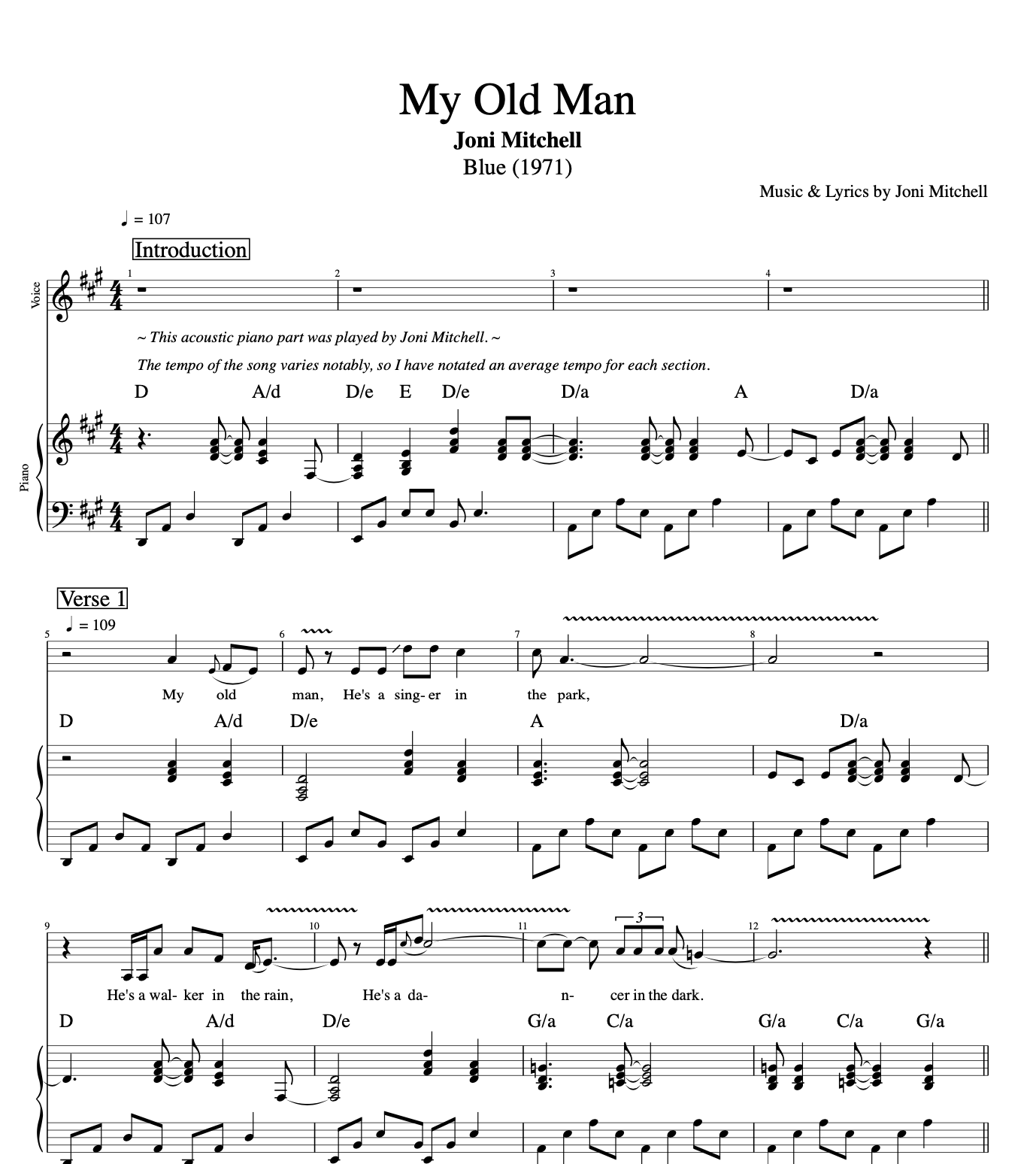 My Old Man Joni Mitchell Piano Sheet Music Chords Lyrics Play Like The Greats Com