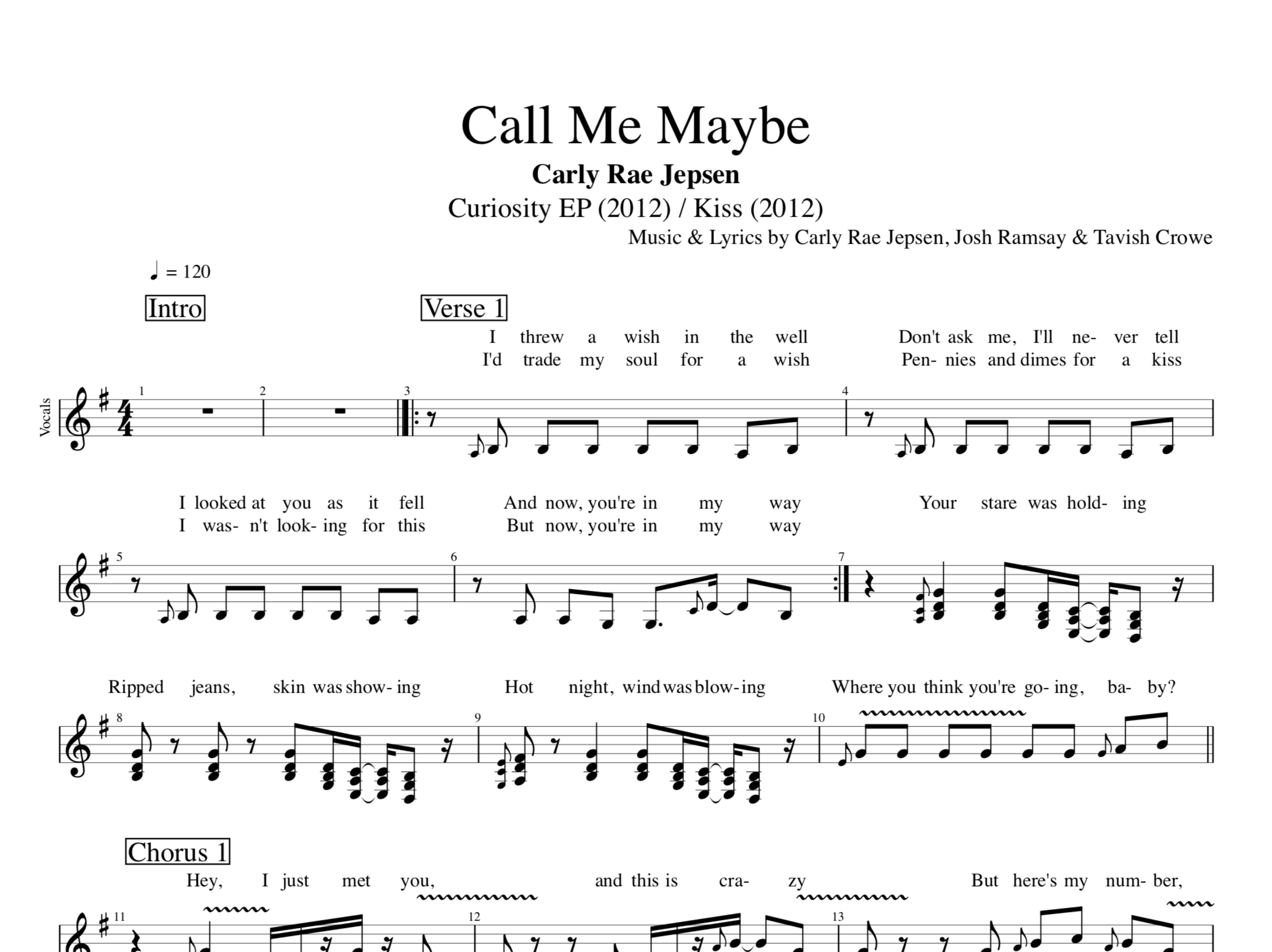 Call Me Maybe Carly Rae Jepsen Piano Vocals Bass
