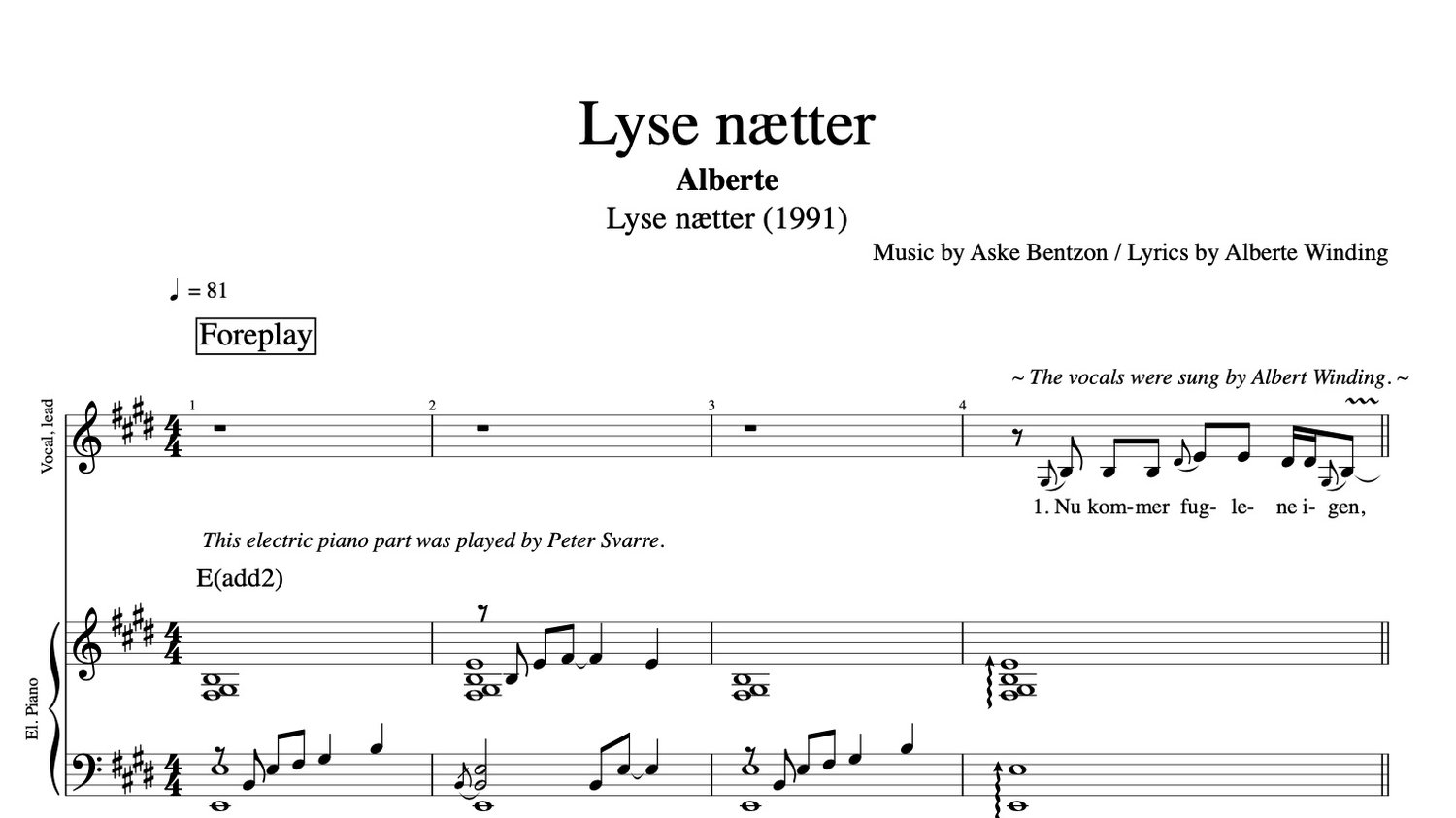 Lyse Nætter" · Alberte || Voice + Piano + PnV Score Sheet music + Chords + Lyrics — Play Like The Greats .com