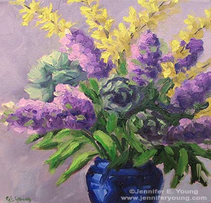 Floral still life of lilacs and forsythia by Jennifer E. Young