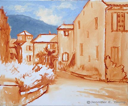 Provence France village painting in progress by Jennifer E Young