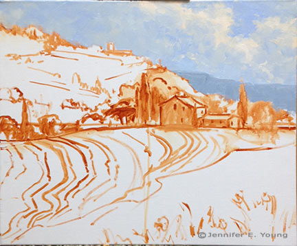 Tuscany landscape painting in progress by Jennifer E. Young