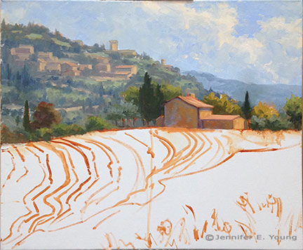 Tuscany landscape painting in progress by Jennifer E. Young