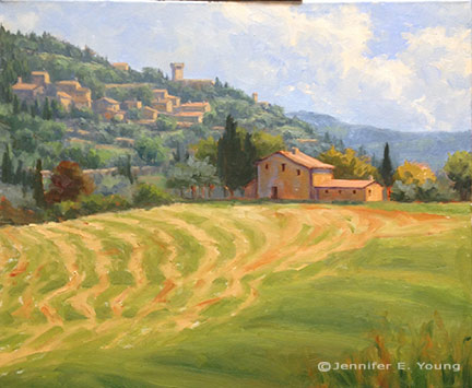 Tuscany landscape painting in progress by Jennifer E Young