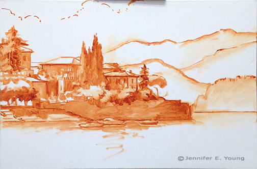 Landscape painting Varenna Italy in progress by Jennifer Young