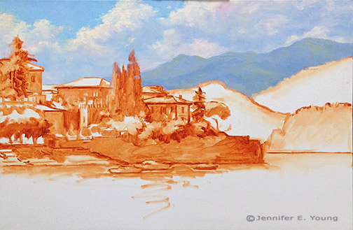 Landscape painting of Varenna Italy in progress by Jennifer E Young