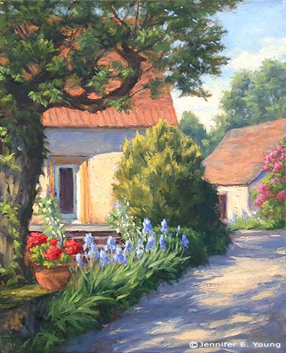 French village painting by Jennifer E. Young