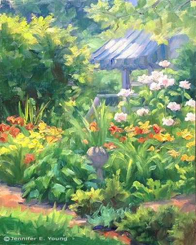 Garden plein air painting by Jennifer E Young