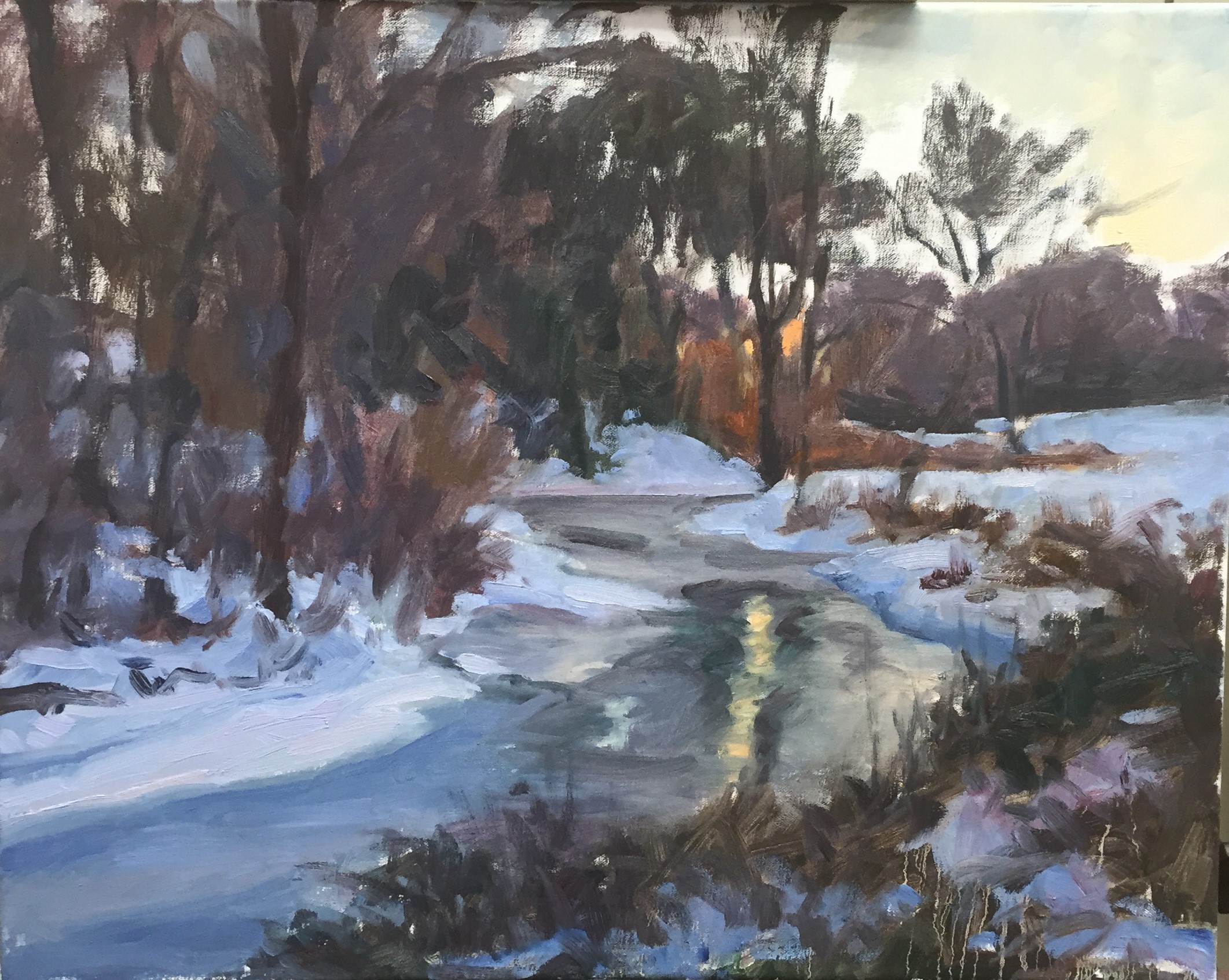 Winter landscape painting in progress by Jennifer E Young