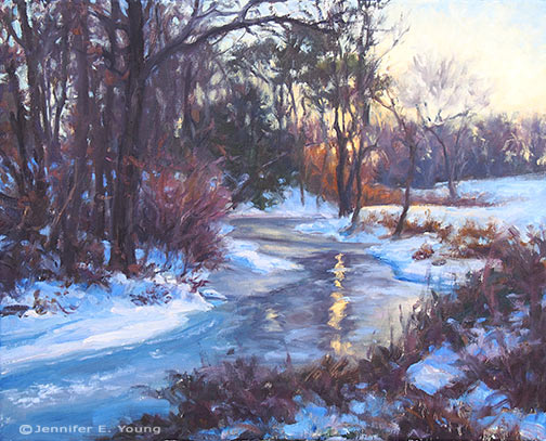 Winter sunset landscape painting by Jennifer Young, All rights reserved