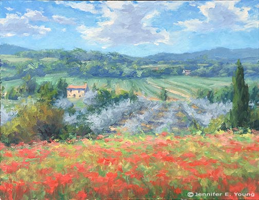 Italian landscape painting with poppies by Jennifer E Young