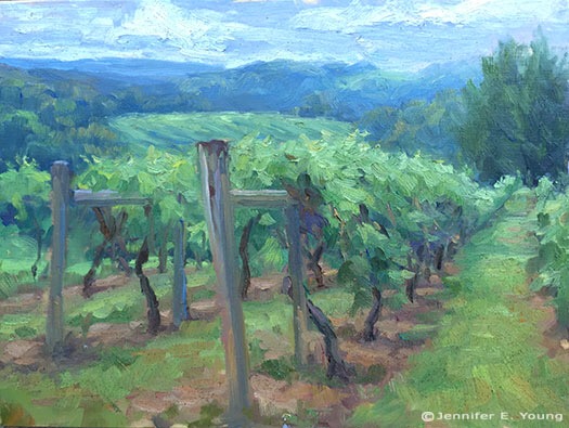 Plein air vineyard landscape painting by Jennifer E Young