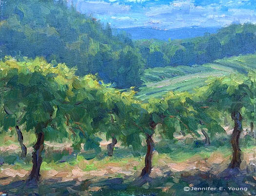 Plein Air landscape painting of Chateau Morrisette vineyard by Jennifer E Young
