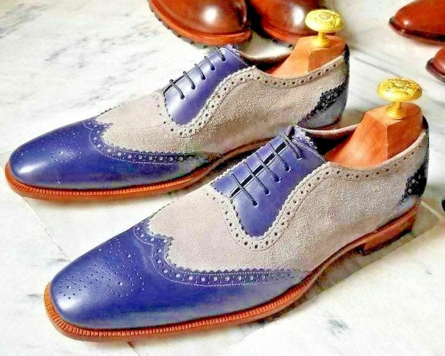 Handmade Men's Genuine Blue Suede Oxford Lace up Shoes