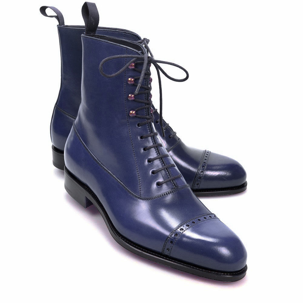 Hand Stitched Ankle Boots Navy Lace Up 
