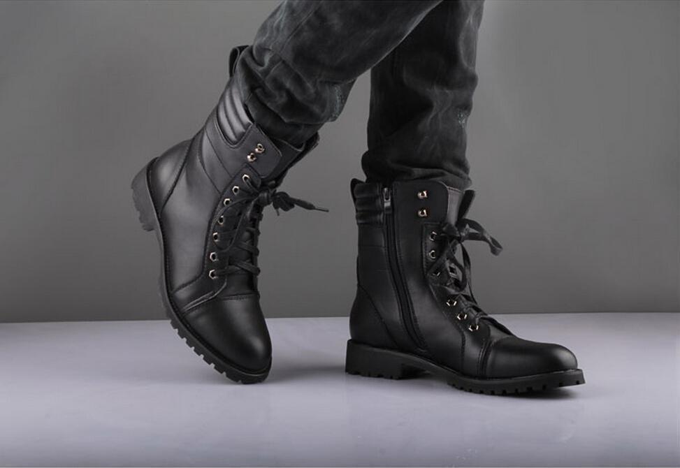 Men Black Military Style Leather Ankle 