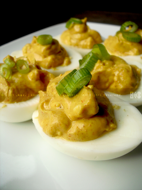 Deviled Eggs with Red Wine Vinegar, Chili Powder and Scallions