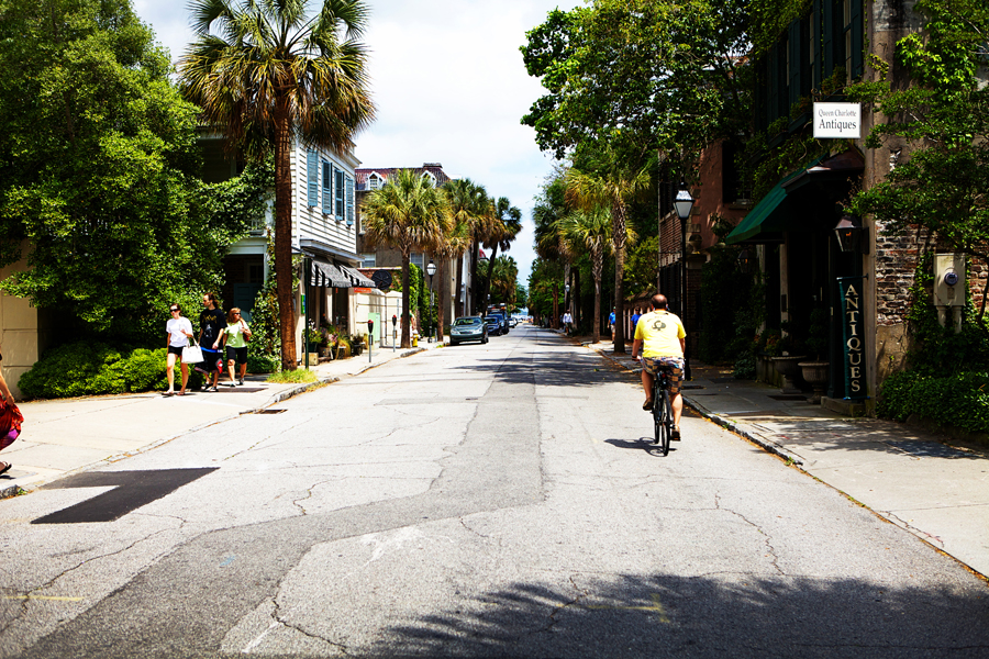 My brother riding his bike down his favorite street in Charleston.