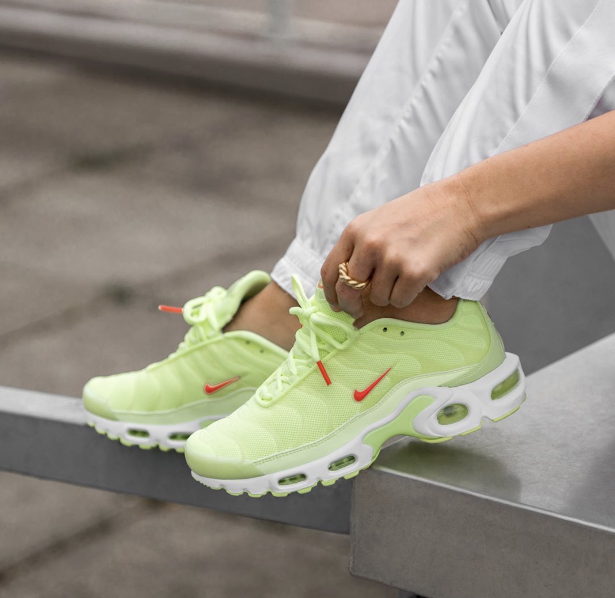 white pink and lime green air max plus