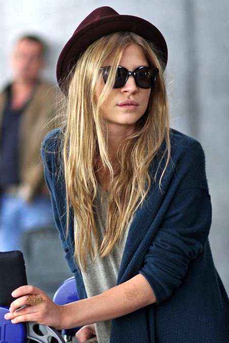 Le-Fashion-Blog-Airport-Look-Clemence-Poesy-Parisian-Casual-Burgundy-Hat-Cat-Eye-Sunglasses-Teal-Cardigan-1