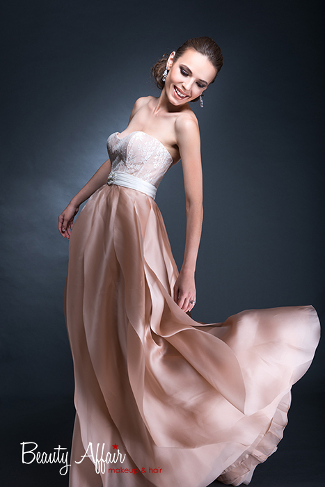 Bridal makeup and hair by Beauty Affair - Agne Skaringa coral cheeks brown natural glowing color dress rosy pink gown