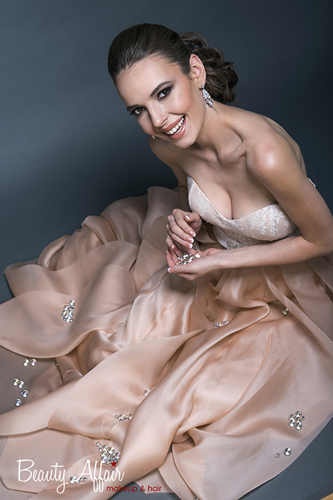 Bridal makeup and hair by Beauty Affair - Agne Skaringa coral cheeks brown natural glowing color dress rosy pink gown smile blushing bride crystals