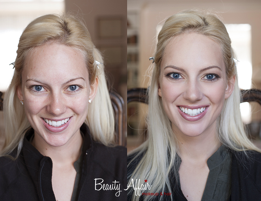 Makeup and hair by Beauty Affair before and after photos transformation blonde bride light hair blue eyes pink lips